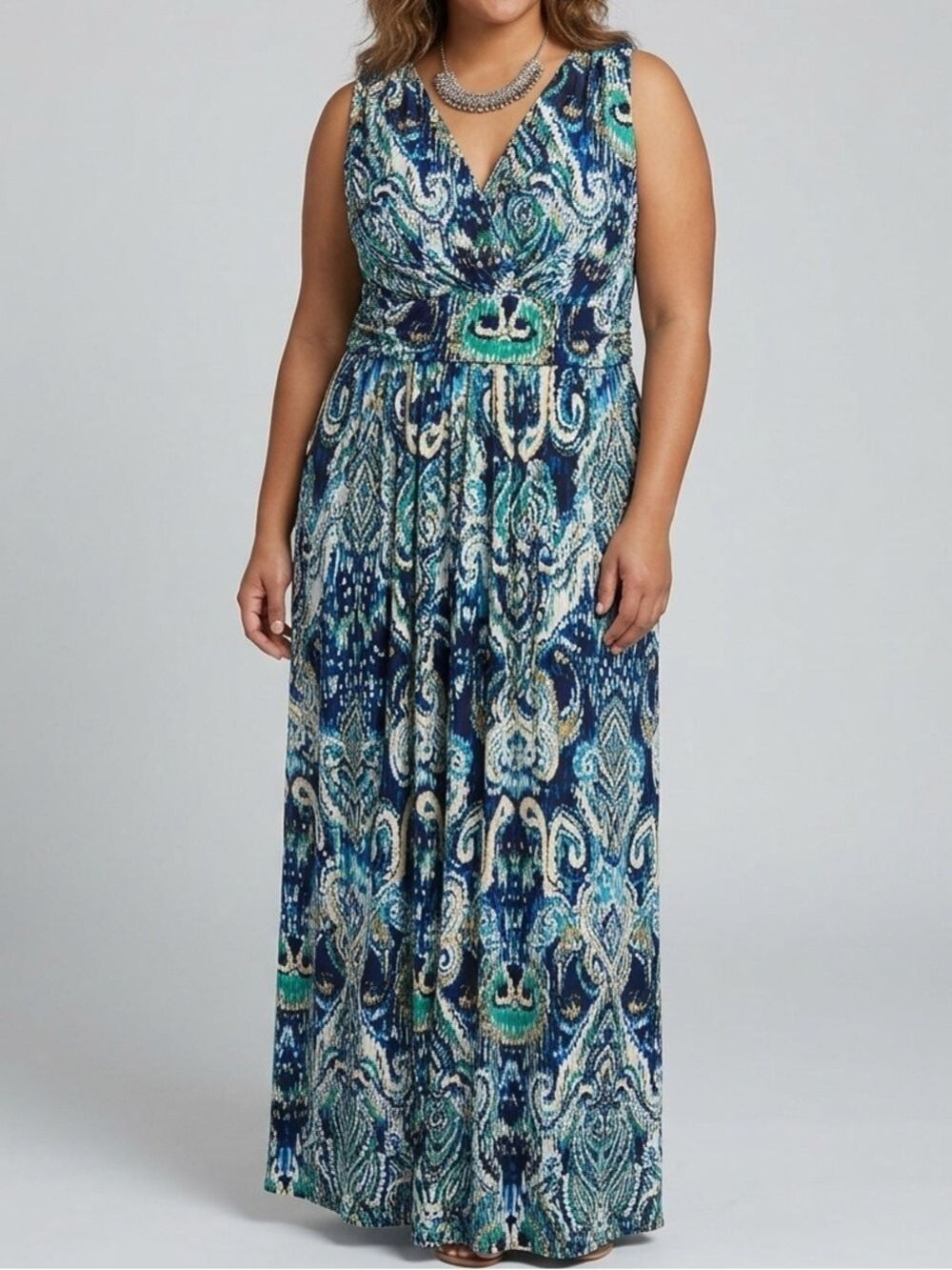 Jessica Navy Teal Paisley Print Maxi Dress